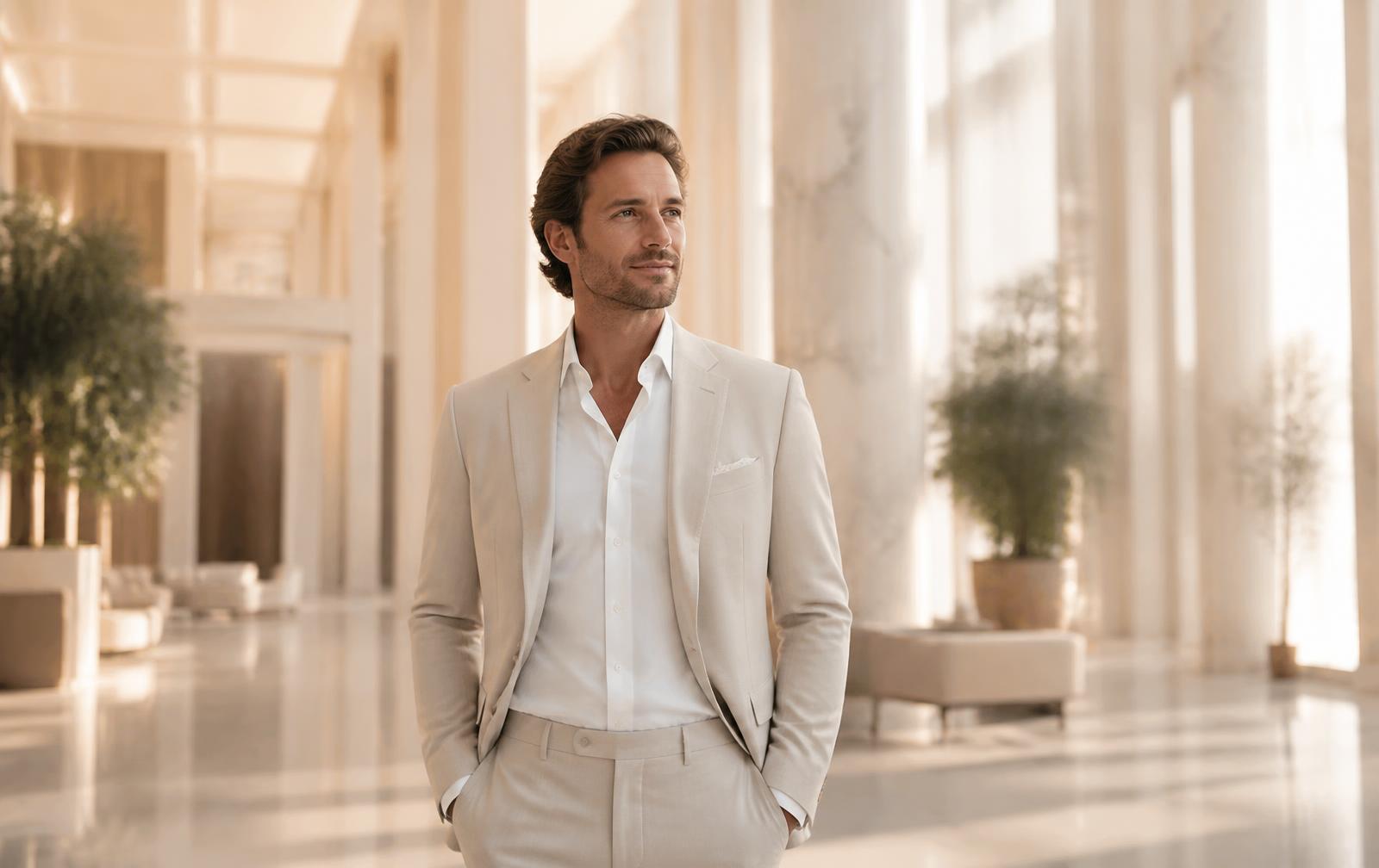 A founder at work in a marble-floored office atrium